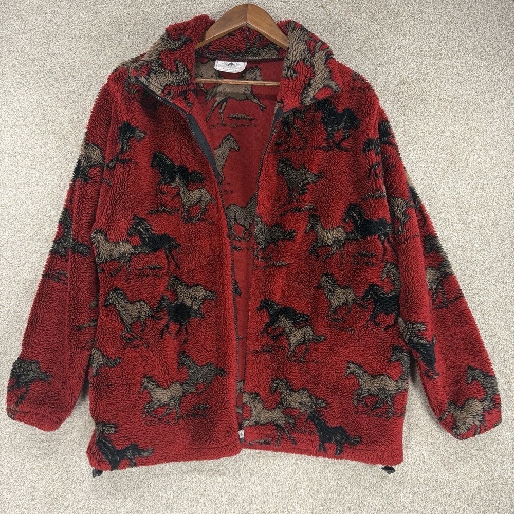 Black Mountain Outdoor Horse Print Fleece Jacket Red Western Vtg M *Broken Zip*